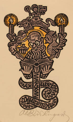 Exlibris by Max Kislinger from Austria for Theis Binoeim - Book Man Owl 