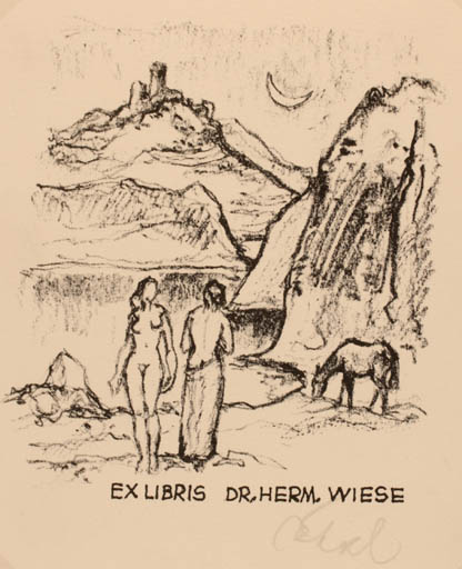 Exlibris by Rudolf Koch from Germany for Dr. Hermann Wiese - Horse Scenery/Landscape Nude 