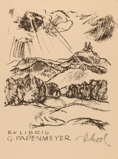 Exlibris by Rudolf Koch from Germany for G. Papenmeyer - Mountain Scenery/Landscape 