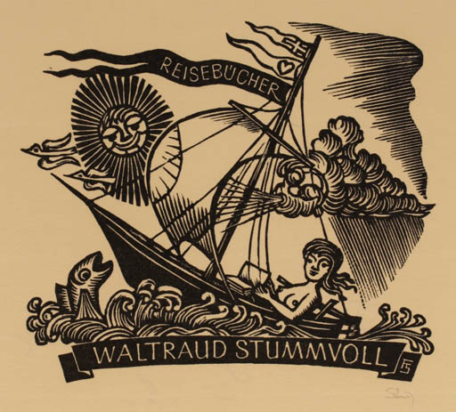 Exlibris by Franz Stummwall from Austria for Waltraud Stummvoll - Woman Ship/Boat Sun 