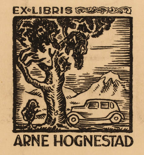 Exlibris by Albert Jaern from Norway for Arne Hognestad - Car Mountain Tree 