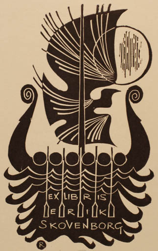 Exlibris by Ladislav Rusek from Czech Republic for Erik Skovenborg - Bird Maritime Ship/Boat Sun Viking 