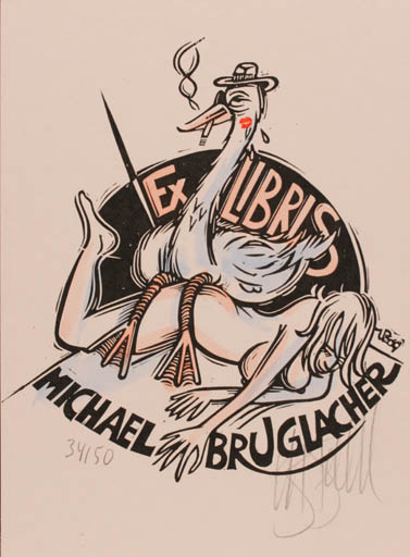 Exlibris by Utz Benkel from Germany for Michael Bruglacher - Erotica Leda and the Swan 