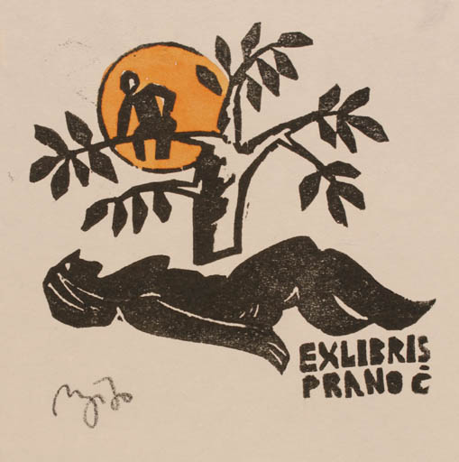 Exlibris by Valerijonas Vytautas Jucys from Lithuania for C. Prano - Woman Couple Sun Tree 