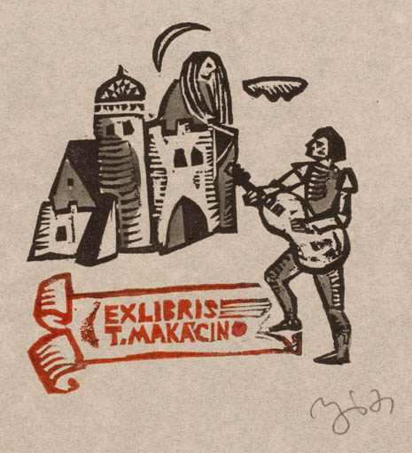 Exlibris by Valerijonas Vytautas Jucys from Lithuania for T, Makacino - Castle/Palace Couple Romance 