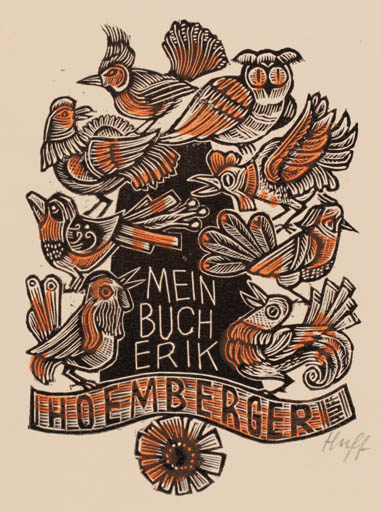 Exlibris by Hermann Huffert from Germany for Erik Hoemberger - Bird Owl 