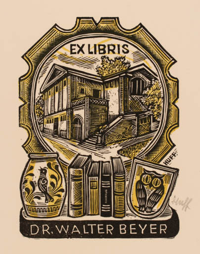 Exlibris by Hermann Huffert from Germany for Dr. Walter Beyer - Architecture Book Owl 