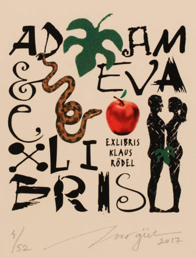 Exlibris by Nurgül Arikan from Turkey for Klaus Rödel - Adam and Eve 