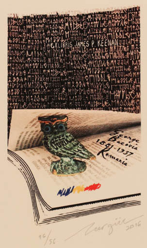 Exlibris by Nurgül Arikan from Turkey for James P. Keenan - Book Text/Writing Owl 