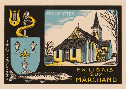 Exlibris by Charles Favet from France for Guy Marchand - Fish Heraldry Church 