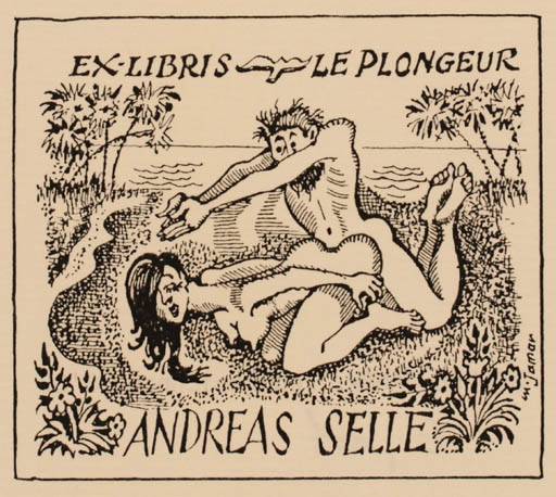 Exlibris by Michel Jamar from France for Andreas Selle - Erotica Nude Couple 