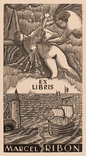 Exlibris by Daniel Meyer from France for Marcel Ribon - 