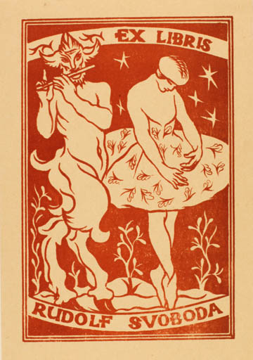 Exlibris by R. Stepkel from Czech Republic for Rudolf Svoboda - Dancing Fable Animal Woman Music Pan/Faun 