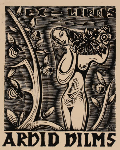 Exlibris by Aune Siim from Sweden for Arvid Vilms - Flower Woman 