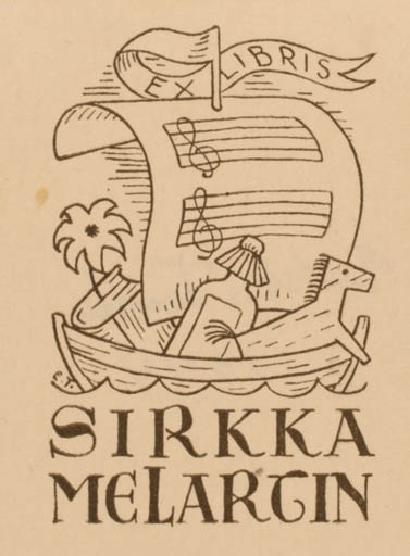 Exlibris by Erkki Tanttu from Finland for Sirkka Melargin - Music Ship/Boat 