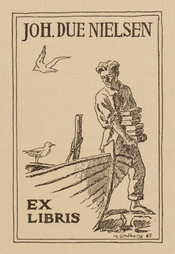 Exlibris by Niels Lindberg from Denmark for Johan Due Nielsen - Book Bird Man Ship/Boat 