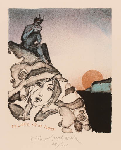 Exlibris by Vladimir Suchanek from Czech Republic for Käthy Burch - Woman Pan/Faun Portrait Sun 