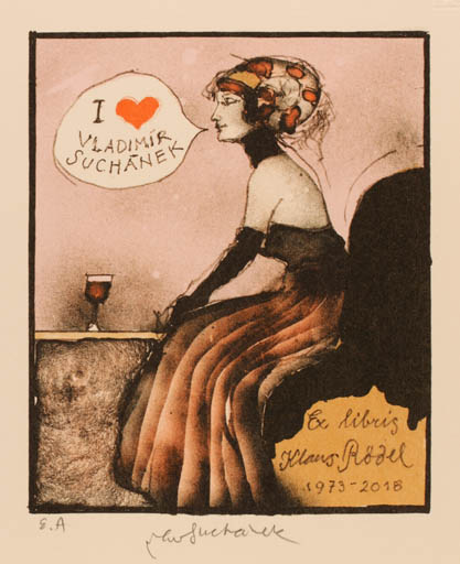 Exlibris by Vladimir Suchanek from Czech Republic for Klaus Rödel - Woman Wine 