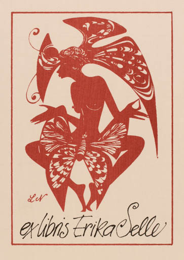 Exlibris by Luise Neupert from Germany for Erika Selle - Woman Butterfly 