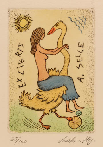 Exlibris by Sascha von Hagemeister from Soviet Union for Andreas Selle - Leda and the Swan Sun 