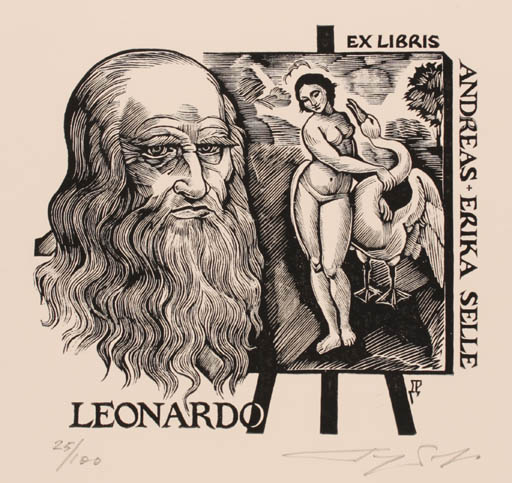 Exlibris by Denis Reutow from Russia for Erika & Andreas Selle - Leda and the Swan Man Portrait 