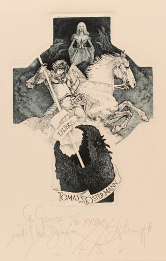 Exlibris by Dimo Milanov from Bulgaria for Tomas Ostermann - Fable Animal Horse Woman Knight Horseman/Rider 