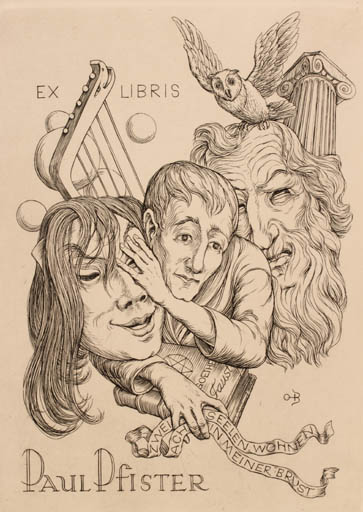 Exlibris by Ottohans Beier from Germany for Paul Pfister - Drama Art Literature Music 