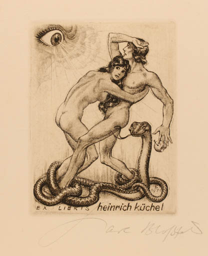 Exlibris by Karl Blossfeld from Germany for Henrich Küchel - Adam and Eve Couple 