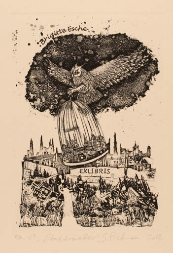 Exlibris by Sofiya Piskun from Belorussia for Brigitte Esche - City Owl 