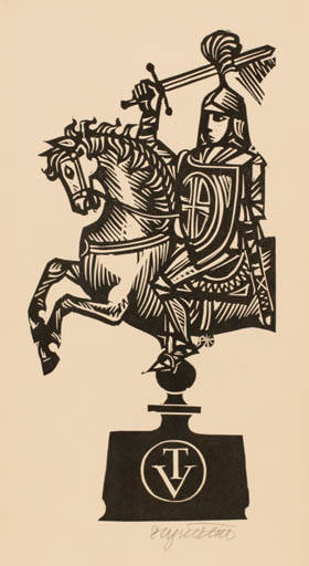 Exlibris by Stanislav Vymetal from Czech Republic for ? T. V. - Horse Military/War Knight Sport/game 