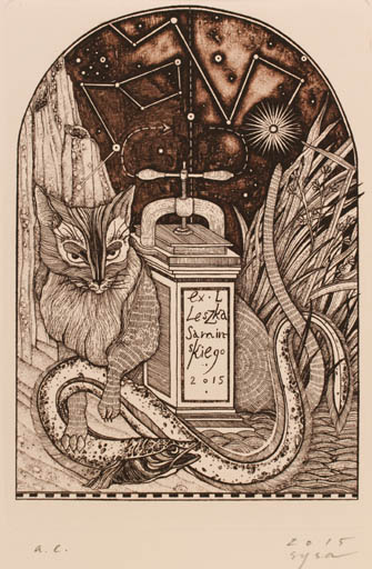 Exlibris by Oleksandra Sysa from Ukraine for Leszka Saminskiego - Fish Cat Printing technique 