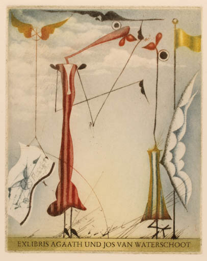 Exlibris by Josef Werner from Germany for ? Agaath & Jos Van Waterschoot - Bird Couple Surrealism 