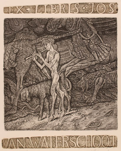 Exlibris by Leonid Stroganov from Russia for Jos van Waterschoot - Horse Mythology Pan/Faun Religion 