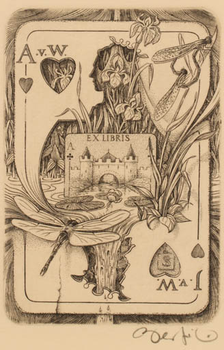 Exlibris by Bertil Schmüll from Netherland for ? Agaath & Jos Van Waterschoot - Castle/Palace Fauna Flora Insect Woman Man Couple 