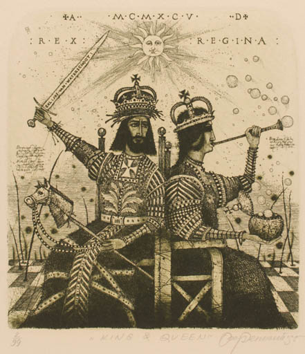 Exlibris by Oleg Denisenko from Ukraine for Jos van Waterschoot - Horse Woman Man Couple Regent/royalty Sun Weapon 