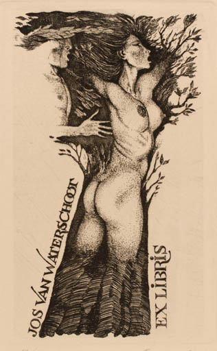 Exlibris by Peter Petzin from Bulgaria for Jos van Waterschoot - Drama Woman Man Mythology Nude Couple Religion 