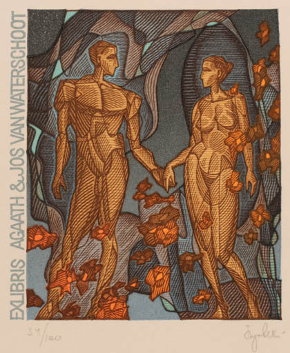 Exlibris by Gennady Pugachevsky from Ukraine for ? Agaath & Jos Van Waterschoot - Flower Woman Man Nude Couple 