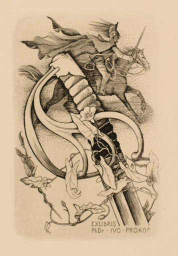 Exlibris by Karel Zeman from Czech Republic for Dr. Ivo Prokop - Horse Military/War Horseman/Rider Weapon 