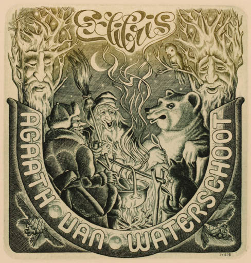 Exlibris by Vitautas Jakstas from Lithuania for Agaath Van Waterschoot - Fairytale/fable Bird Cat Man Tree 