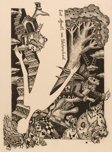 Exlibris by ? Koly from Russia for Agaath Van Waterschoot - Fairytale/fable Fable Animal Hand(s) Woman Literature Tree 