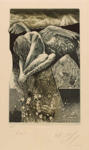 Exlibris by Hristo Naidenov from Bulgaria for Jos van Waterschoot - Mountain Flower Angel Flora Woman 