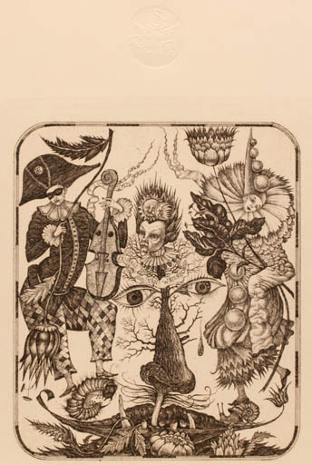 Exlibris by Elena Novikova from Russia for Jos van Waterschoot - Flower Fauna Flora Music Sun Surrealism Theater/Cirkus 