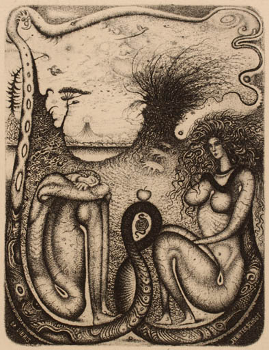 Exlibris by Sergeij Nasterchuck from Russia for Jos van Waterschoot - Adam and Eve Fauna Fruit Woman Man Nude Couple Religion 