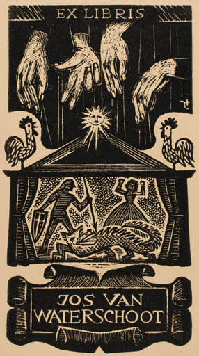 Exlibris by Jerzy Druzrycki from Poland for Jos van Waterschoot - Fable Animal Hand(s) Woman Man Knight Sun Theater/Cirkus 