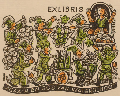 Exlibris by Hermann Huffert from Germany for ? Agaath & Jos Van Waterschoot - Flower Fairytale/fable Group Woman Man Wine 