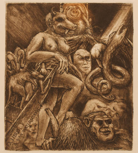 Exlibris by Roel Stabbinck from Czech Republic for Agaath Van Waterschoot - Fable Animal Fauna Woman Man Nude 