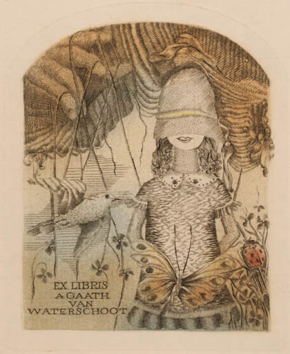 Exlibris by Danuta Dassara from Poland for Agaath Van Waterschoot - Flower Fauna Bird Woman Butterfly 