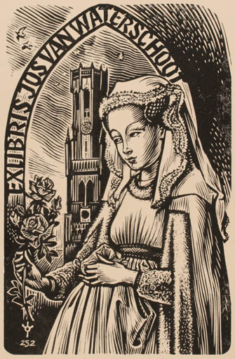 Exlibris by Frank-Ivo van Damme from Belgium for Jos van Waterschoot - Flower Bird Church Woman 