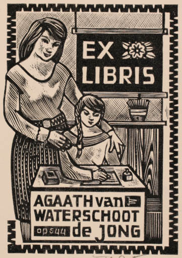 Exlibris by Jan Battermann from Netherland for Agaath Van Waterschoot - Child Book Woman Text/Writing 