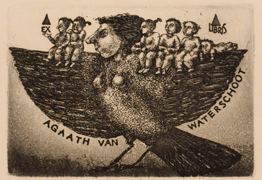 Exlibris by Nijole Saltenyte from Lithuania for Agaath Van Waterschoot - Child Bird Group Woman Surrealism 